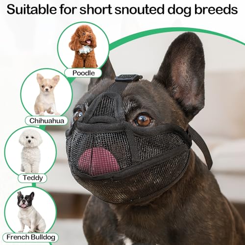 Huybaa Maulkorb für Französische Bulldogge, Kurze Schnauze Hunde, Atmungsaktiv & Verstellbar, Anti-Beißen Kauen Bellen, Mesh Hundemaulkorb (Schwarz, S)