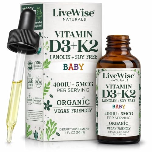 Live Wise Naturals Vitamin D3+K2 Liquid Drops - Organic MCT Oil Formula for Baby - Easy Absorption D3 K2 Supplement for Immune Support & Bone Health...