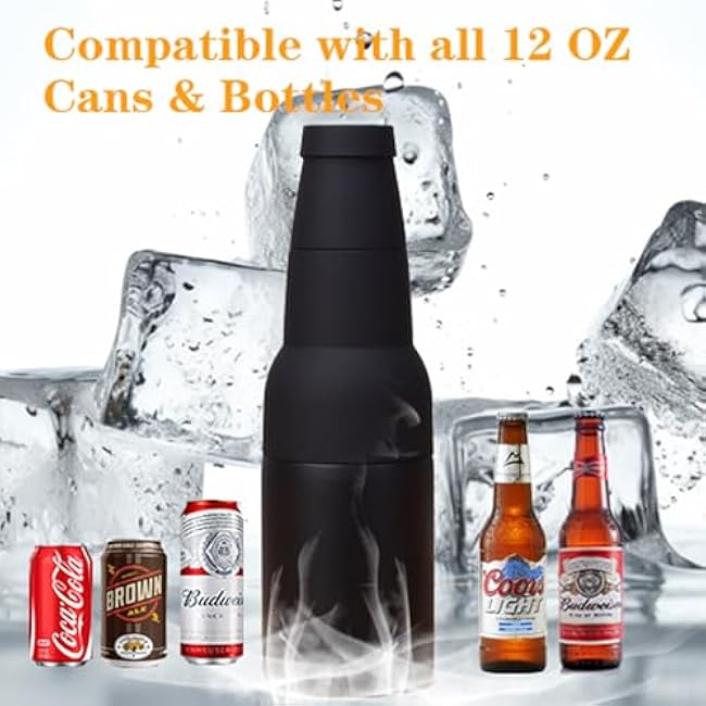 12Oz Beer Bottle Cooler Bottle and Can Cooler Insulator Holder Double Walled Stainless Steel Beer Can Insulator with Opener Cooler Bottles Midnight Black Vacuum Insulated - Beer Gifts for Men