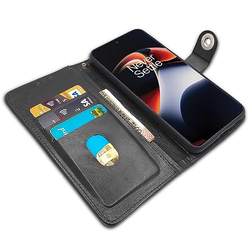 Image of Pikkme OnePlus 11R 5G Flip Cover Leather Finish | Inside TPU with Card Pockets | Wallet Stand and Shock Proof | Complete Protection Button Flip Case (Black)