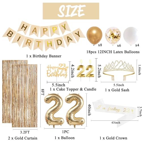 Image of Trgowaul 22nd Birthday Decorations for Her, Champagne Gold Happy 22nd Birthday Supplies for Girls, 22 Sash and Crown, Banner, Fringe Curtains, Cake Topper, 22 Year Old Party Supplies Set