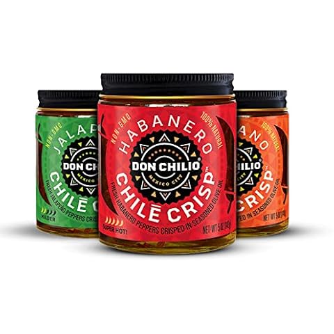 Don Chilio Chile Crisp Bundle of 3 Jars – Crunchy Sliced Habanero, Jalapenos, & Serrano Fried Peppers in Hot Seasoned Olive Oil – 100% Natural Ingredients Perfect for Keto & Paleo Diets – 5 Oz./Jar Cover