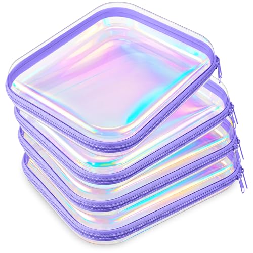 Image of Hoolerry 4 Pcs Hard Clear Zipper Case Makeup Bags Plastic Zipper Pouch Transparent Storage Box Containers for Cosmetics, Snacks, Building Blocks, Puzzles(Clear,9.8 x 7.9 x 2 in,Purple Laser)