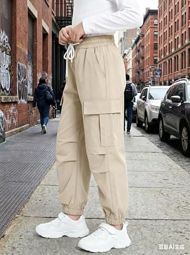 Image of JiAmy Girls Cargo Pants Elastic High Waist Drawstring Pants Jogger Trousers Casual Loose with Pockets 6-14Y