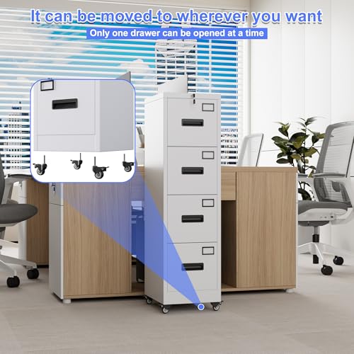 Image of Aobabo 4 Drawer File Cabinet with Lock and Wheels, Metal Vertical Filing Cabinet with Anti-Tilt Interlock System for Home Office, Fits Letter /Legal Size, White,Required Assembly