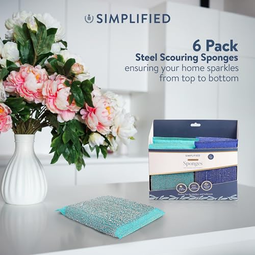 Image of Simplified 6-Pack Steel Scouring Sponges with Rust Resistant Stainless Steel Threading for Home and Kitchen Cleaning Supplies, Heavy Duty Cleaning Sponge for Kitchen & Bathroom, Blue /Green