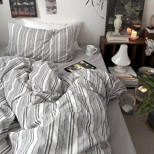 Image of MKXI Queen Size Charcoal Grey & White Striped Duvet Cover Set - 3 Piece Modern Washed Cotton Bedding, Soft Breathable Comforter Cover with Zipper Closure & Corner Ties, Minimalist Geometric Design