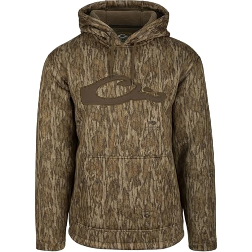 Drake Waterfowl Men's LST Silencer Hunting Warm Anti-Pilling Hoodie with Soft Feel Combed Fleece Interior & Kangaroo Pouch, Mossy Oak Bottomland, Small