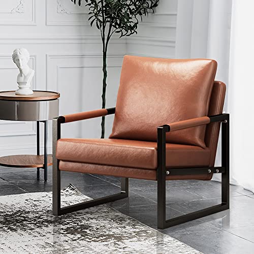 Goujxcy PU Leather Accent Arm Chair Mid Century Modern Upholstered Armchair with Metal Frame Extra-Thick Padded Backrest and Seat Cushion Sofa Chairs for Living Room Bedroom - Thumbnail 4
