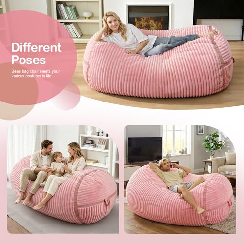 Image of 5FT Bean Bag Chair 5'Giant Bean Bag Chairs with Adults, Large Beanbag Chair | Bean bag Lounger with Machine Washable Cover Corded Plush Fabric, Comfy Chairs for Living Room Bedroom Dorm, Pink