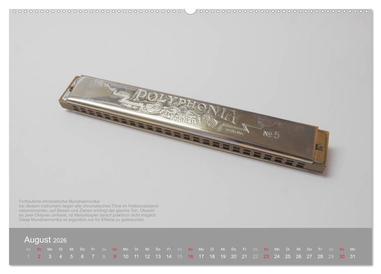 Mundharmonikas im Blickpunkt (Wandkalender 2026 DIN A2 quer), CALVENDO Monatskalender: Verschiedene Mundharmonikaarten in Bild und Text (CALVENDO Hobbys)