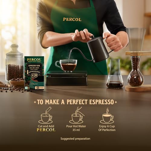 Image of PERCOL Espresso Noir Premium Coffee Sachets | 5 Sachets x 2gm | 100% Pure Freeze Dried Instant Coffee | Premium Imported Beans | Flavorful & Aromatic | Single Serve Sticks | Best For Hot & Cold