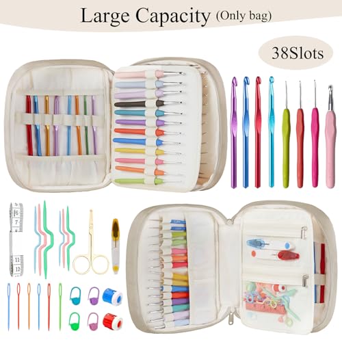 Crochet Hook Case, Lightweight Crochet Hook Organizer with Clear Zipper Pockets, Crochet Hook Holder for Knitting Needle Storage, Gift for Women and Crochet Enthusiasts (Light Brown)