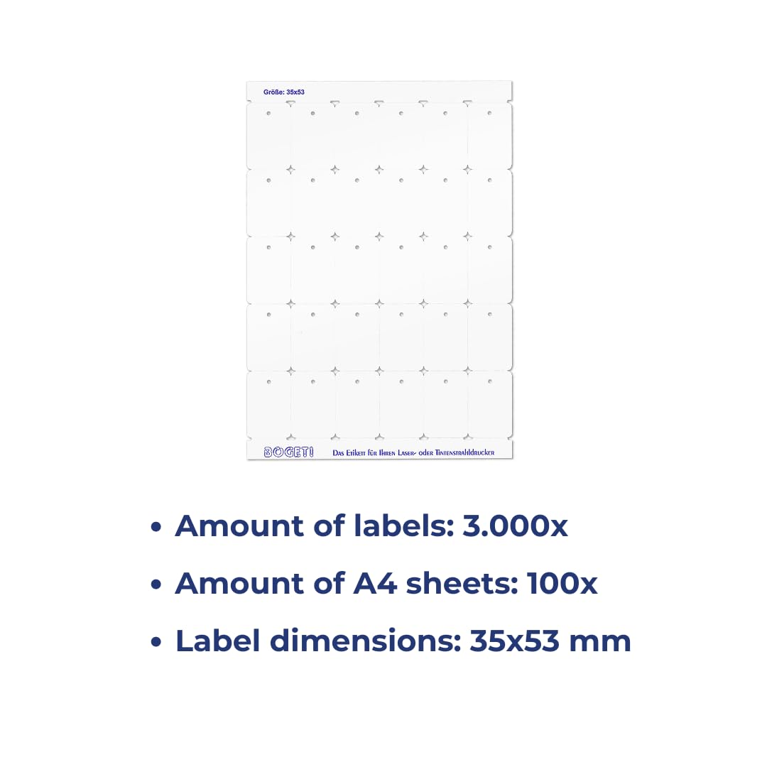 Pokornys - 3000 arkuszy laserowych etykiet kartonowych, Bogeti na arkuszu DIN A4, w różnych rozmiarach, do drukarek laserowych, atramentowych, drukarek atramentowych (35 x 53 mm)