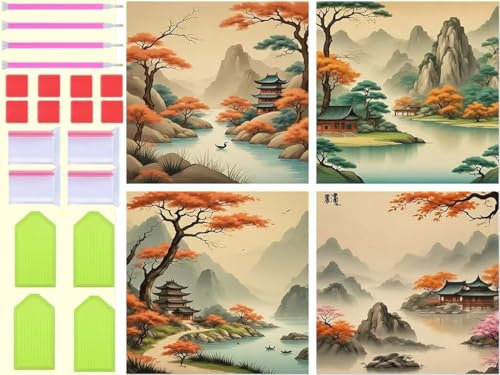 Peinture diamant paysage de lac kit complet 5D DIY avec 4 toiles de broderie 30x30cm T-896