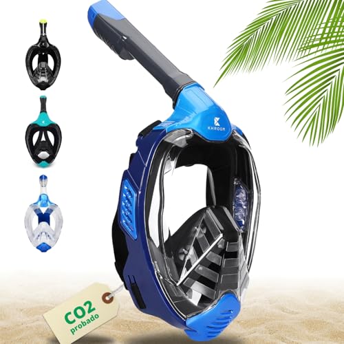 Khroom Máscara de Snorkel Segura para CO2, Máscara Facial de Esnórquel Antivaho | Seaview X - Máscara de Buceo para Adultos y niños (Azul, L/XL)