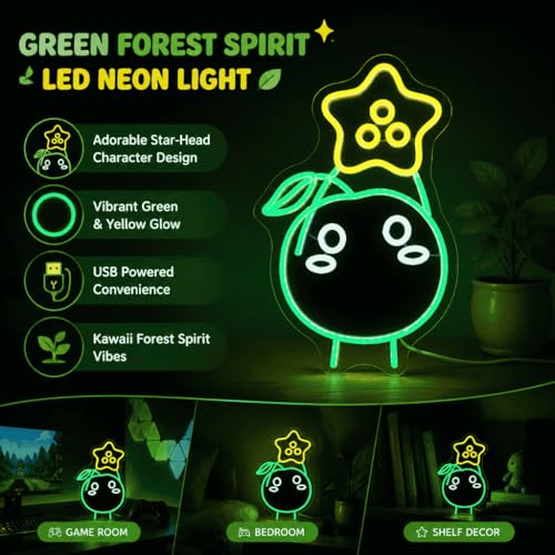 Image of Green Forest Spirit LED Neon Sign 15.7 inchx10 inch - Cute Star-Headed Character Wall Decor, USB Powered Night Light for Gamer Room, Bedroom, Farmhouse Aesthetic - Kawaii Harvest Helper Lamp