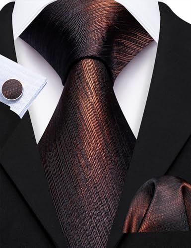 Image of Barry.Wang Striped Men Ties Set Silk Necktie Handkerchief Cufflinks