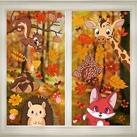 LOAVER 117PCS Autumn Window Clings,Thanksgiving Fall Leaves Window Sticker Maple Squrriel Fox Decal for Home Decoration Cover