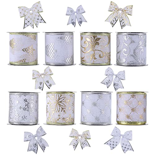 Unionjoy Golden & Sliver Wired Ribbon Assorted Holiday Decorative Ribbon Sheer Glitter Tulle Organza Ribbon 2.5" W For Christmas Tree Decoration Gift Wrapping Bow, 8 Rolls 24 Yads #TOP2