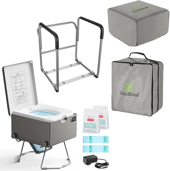 Dry Flush Toilet with Safety Rails and Waterproof Cover Set - Waterless, Odorless