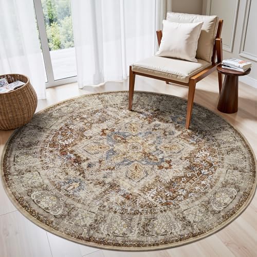5 ft Round Rugs for Living Room Bedroom Rug Circle Area Rug for Dining Room Table Throw Neutral Vintage Circular Rugs Washable Soft Comfortable Brown Brown Distressed 5' (Round)