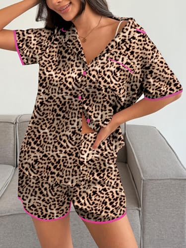 Image of Ekouaer Women's Satin Pajamas Set 2 piece Silky Sleepwear Buttton Down Short Sleeves Top and Shorts Pj Set S-XXL