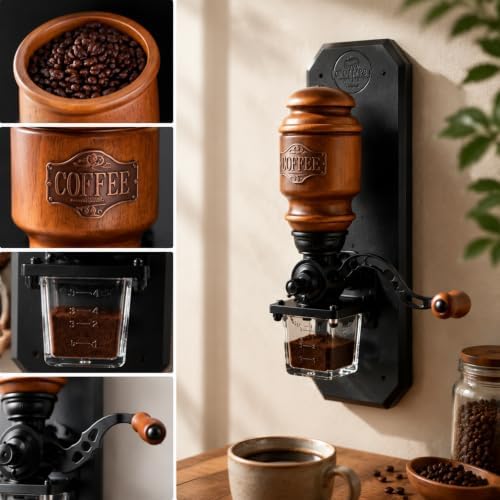 Wall Mounted Manual Coffee Grinder Vintage Wooden Hand Crank Coffee Bean - 2