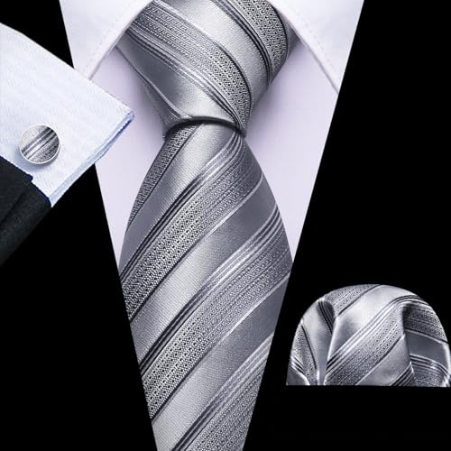 Image of Barry.Wang Tie Sets for Men Silk Stripe Necktie Woven Checkered Handkerchief Cufflinks Formal Business Wedding