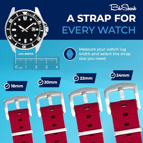 Image of BluShark - Original Collection Military-Style Waterproof Watch Strap, Fits All Timepiece Brands, Durable Nylon Wristwatch Accessories with Stainless Steel Buckle - 18mm, 20mm, 22mm & 24mm Watch Bands