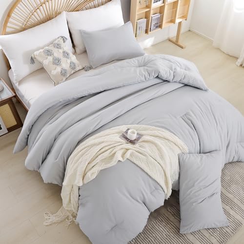 Image of weigelia Full Size Comforter Modern Light Grey 3PCS Microfiber Bed Comforter Sets for All Season Comforter for Men, Women and Girls Soft Lightweight Bedding Set