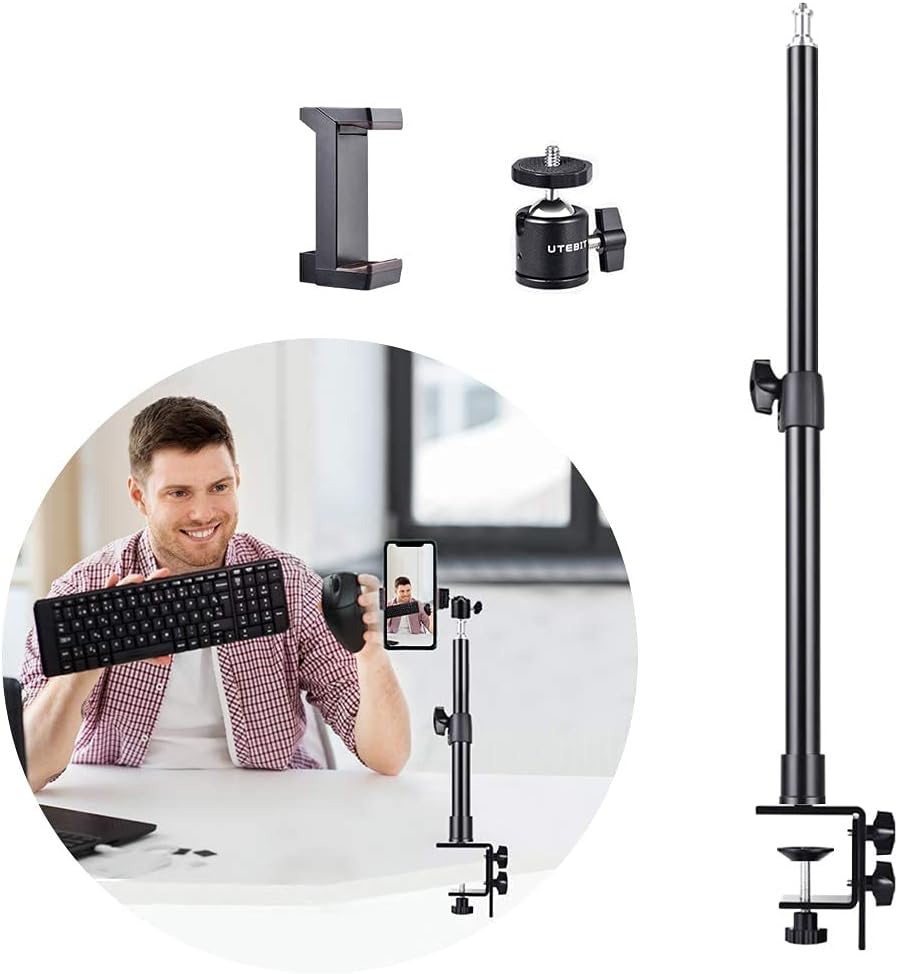 UTEBIT Camera Desk Mount with Phone Clamp and Mini Ball Head Aluminum Tabletop Light Stand Adjustable Arm 13.6in - 23in for Ring Light, Video Light, DSLR Camera, Projector … : Electronics