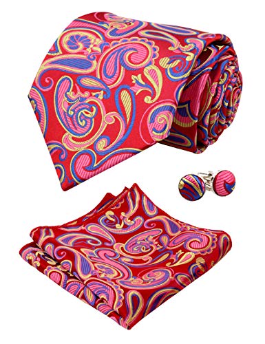 Alizeal Mens Floral Paisley Tie, Hanky and Cufflinks Set, Yellow+Pink+Royal Blue