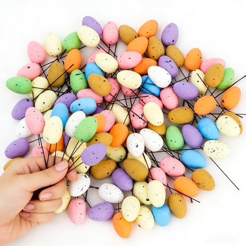 Fangoo 120 pièces Oeufs Mousse de Pâques Easter Décorations avec Fil de Fer Décorations Mini Oeufs Mouchetés Multicolores Œufs d'oiseaux Artificiels pour...