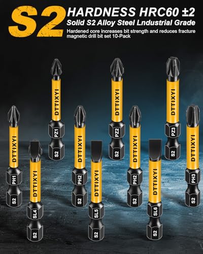 DTTIYXI 10 PCS Magnetic Screwdriver Bits Set 2 in - Phillips Bits #1#2#3 & Slotted Head & Pozidriv Bit for Impact Driver, S2 Steel 1/4" Hex Shank for Power Drill - Professional and DIY