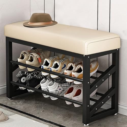シューズラックベンチ、玄関ベンチ、テックファブリック張りシート、オープンシューズ収納ベンチ、強化スチールフレーム、クイックアセンブリ(Beige,60cm/23.6in)
