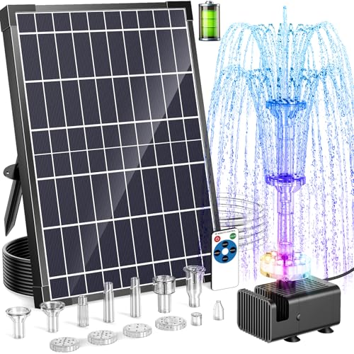 Antfraer 12W Solar Fountain Pump with 4200mAh Battery Backup& Remote RGB LED Lights Floating Solar Water Fountain with 8 Nozzles & PVC Tubing for Bird Bath Garden Backyard Outdoor Water Feature