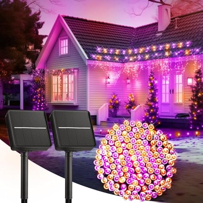 2-Pack 200LED 78FT Total Solar Outdoor Lights IP65 Waterproof Solar Powered Lights with 8 Lighting Modes for Party Garden Yard Home Holiday Tree Decoration Lighting,Orange&Purple