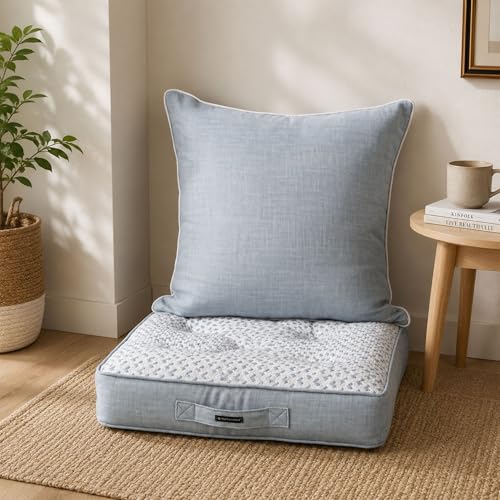 Image of Grey Woven Quilted Floor Cushion Set 60x60x10 CM with Fillers & Back Cushion, Large Size for Seating, Patio Seat, Meditation, Yoga, Pooja, Guests, Living 24x24x4 Inch