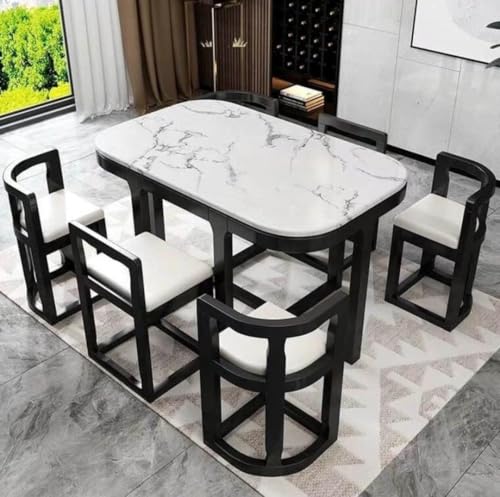 Image of Space Saving Modern Marble Design Dining Table Set with Light Weight 6 Chairs, Black Wood Frame, Cushioned Seats, 155 x 80 x 80 cm