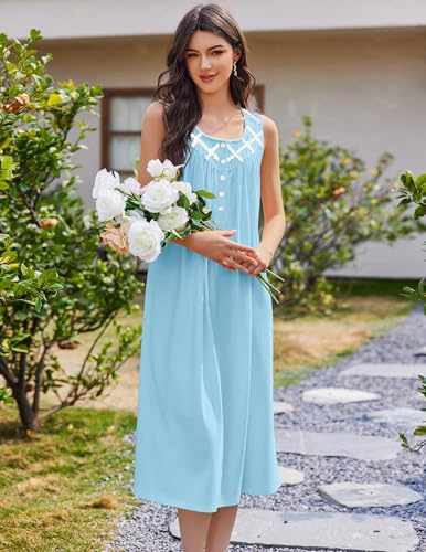 Image of Ekouaer Nightgowns for Women Cotton Long Night Gown Sleeveless Sleep Dress Victorian Nightdress Ladies Sleepwear