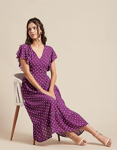 Image of Moomaya Women's Printed Dress, V-Neck, Short Sleeves, Ruffled Midi Summer Dress