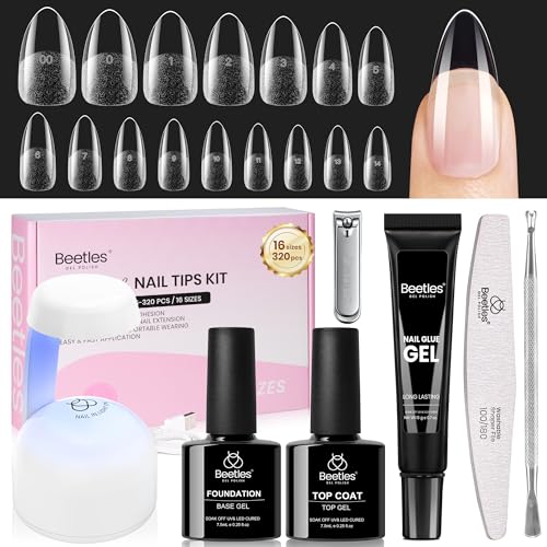 Beetles Gel Nail Kit Flat-X Almond Medium 320pcs 16 Sizes Nail Tips with 15g Nail Glue Gel Hands-Free 7.5ml Base Gel & Top Coat Mini Lamp for Acrylic Press On Nail Extension DIY Set at Home
