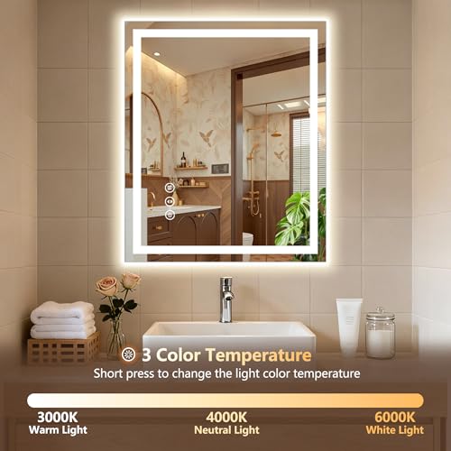 Image of 24x30 LED Bathroom Mirror with Lights - Dimmable, Anti-Fog, 3 Color Backlit & Front Lit Mirror for Bathroom, Shatter-Proof Tempered Glass, Easy Installation