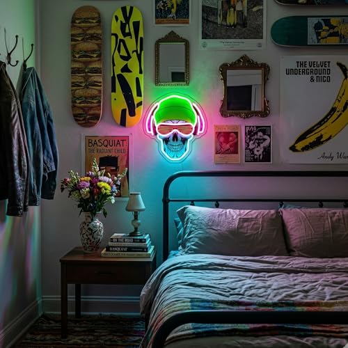 Image of Headphones Skull Neon Sign, LED Gamer Neon Light, Dimmable Gaming Neon Signs for Bedroom, Gaming Room, Man Cave, Party, Cool Aesthetic Room Decor for Teens Boys