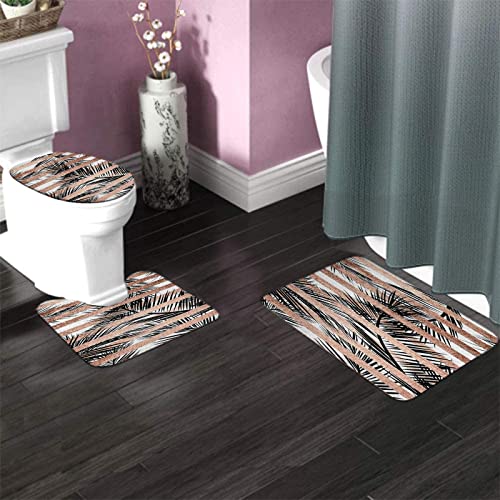 Badezimmerteppich-Set, 3-teilig, Trendige Tropische Palmen, schicke roségoldene Streifen, waschbare Badeteppiche, rutschfest, mit Rückenpolster, Konturteppich und Toilettendeckelbezug – Bild 4