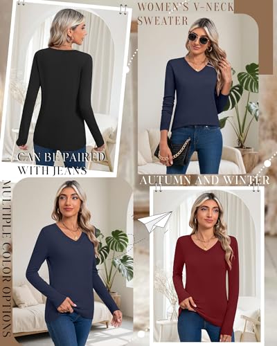 Riyiper 3 Pack Women's V Neck Sweater, Long Sleeve Lightweight Tops Casual Solid Color Pullover Loose Knit Classic Sweaters4