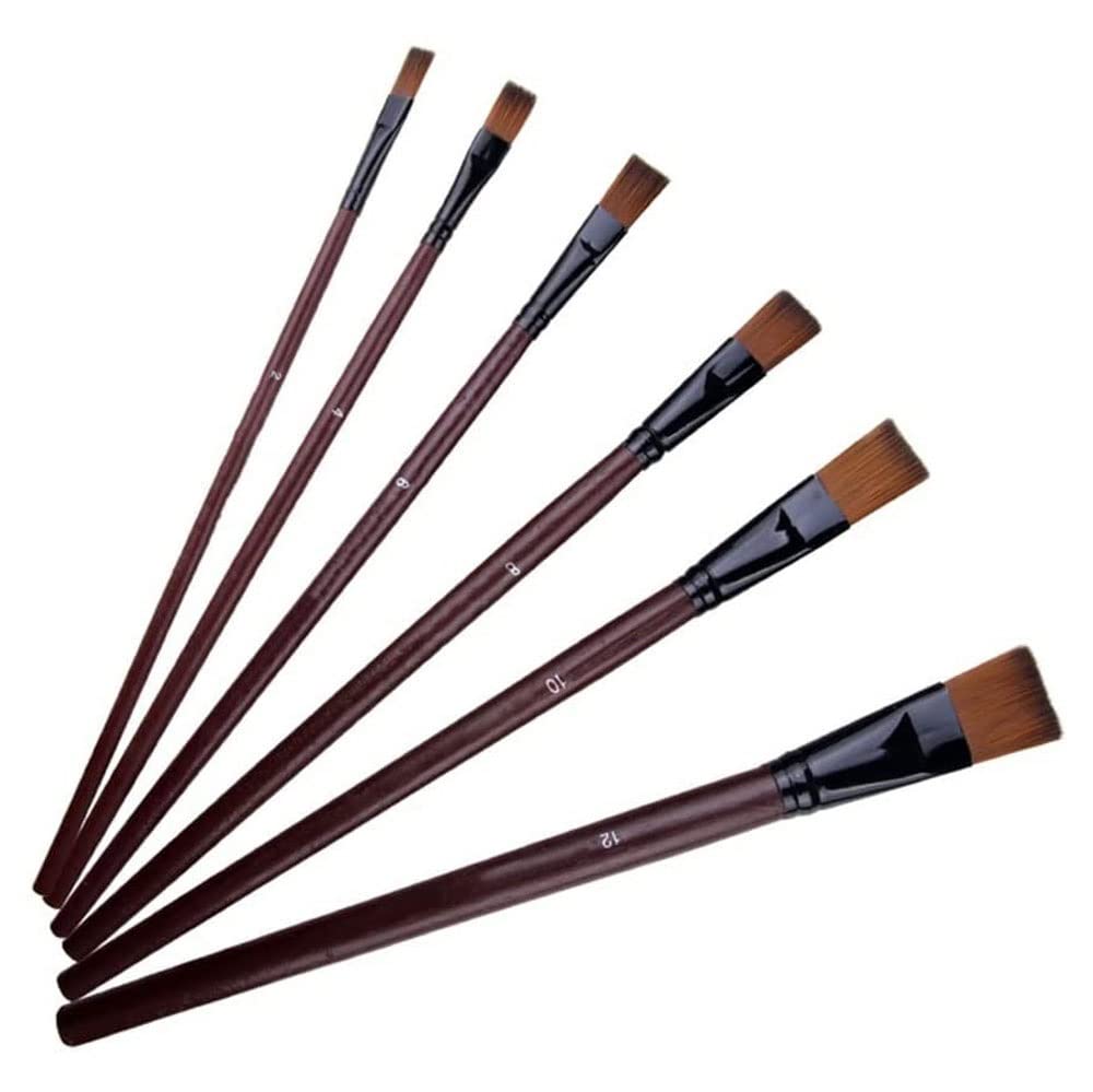 Sjdopulse Brown Flat Head Paintbrush Set Nylon Hair Paint Brush Set 6 Pcs/Set For Watercolor, Canvas, Craft, Detail & Oil Painti