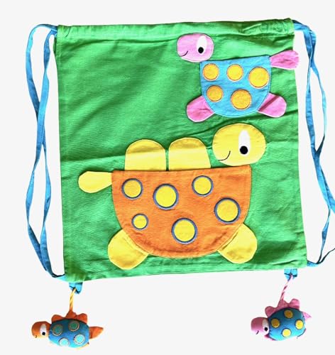 Image of Gym Bag Drawstring Backpack with Turquoise Butterfly, Appliques Decorative Designs, Handwoven Cotton Canvas (Turtle, Green)