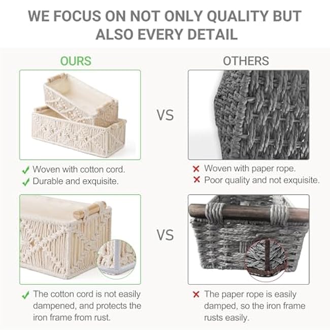 Mkono Macrame Storage Baskets Boho Decor Box Handmade Woven Decorative Countertop Toilet Tank Shelf Cabinet Organizer for Bedroom Livingroom Home, Set of 2, Ivory